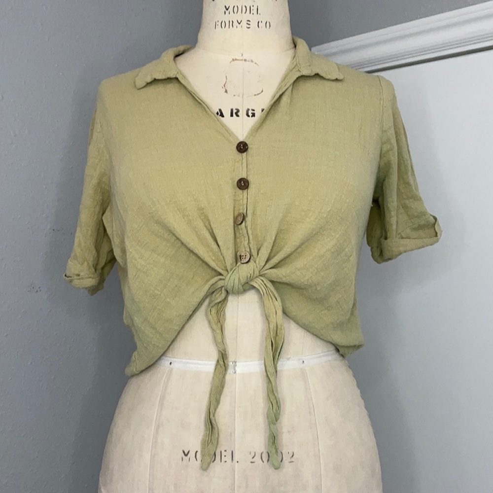 100% Cotton Gauze Front Tie Cropped Top Faux Button Up